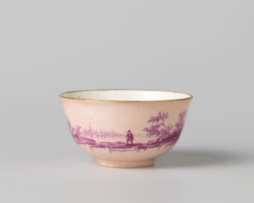 Teacup from a coffee and tea service, painted with figures in a river landscape in beetroot red