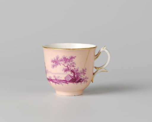Coffee cup from a coffee and tea service, painted with figures in a river landscape in beetroot red