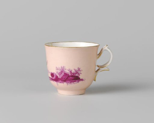 Coffee cup from a coffee and tea service, painted with figures in a river landscape in beetroot red