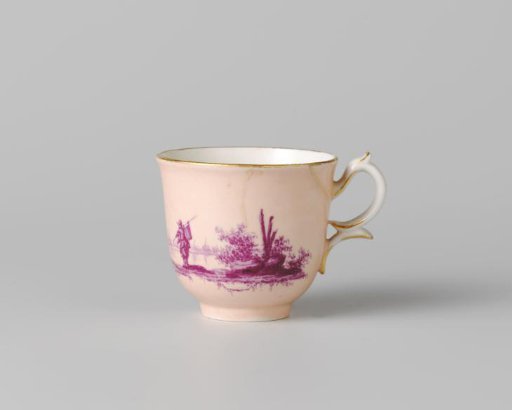 Coffee cup from a coffee and tea service, painted with figures in a river landscape in beet red