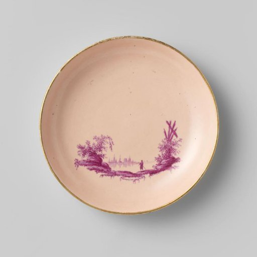 Plate from a coffee and tea service, painted with figures in a river landscape in beet red