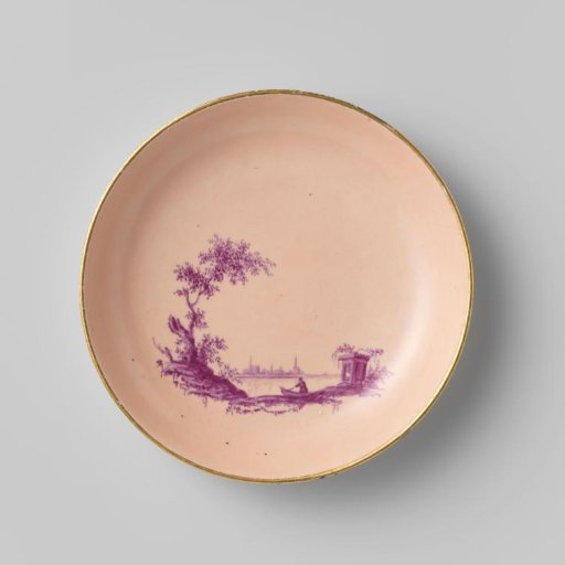 Plate from a coffee and tea service, painted with figures in a river landscape in beet red