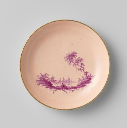 Plate from a coffee and tea service, painted with figures in a river landscape in beet red