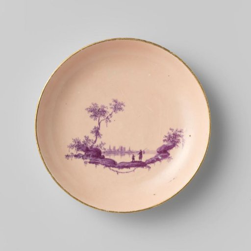 Dish from a coffee and tea service, painted with figures in a river landscape in beet-red
