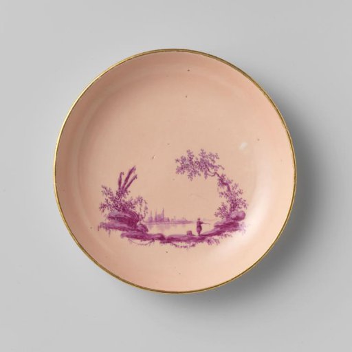 Dish from a coffee and tea service, painted with figures in a river landscape in beet-red