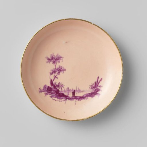 Dish from a coffee and tea service, painted with figures in a river landscape in beet-red