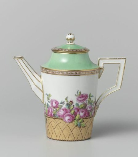 Coffeepot with roses in a basket