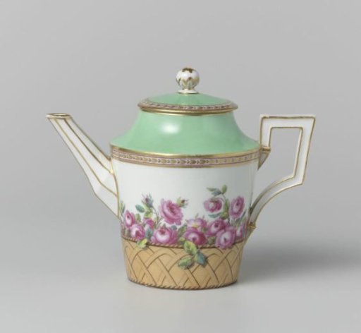 Teapot with roses in a basket