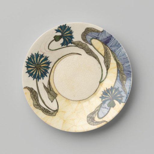 Saucer belonging to the cup, painted with flowers on a background of hatched triangles