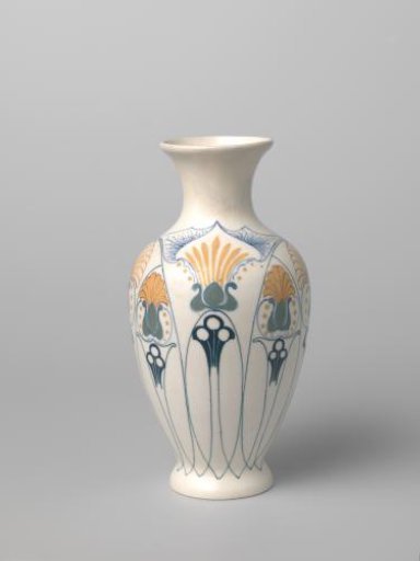 Vase of earthenware, decorated with palmette motifs in blue, green, yellow and orange.