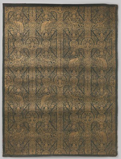 Wall covering of linen with gold print on a grey ground with a stylized vine pattern within squares alternating a tiger or a peacock