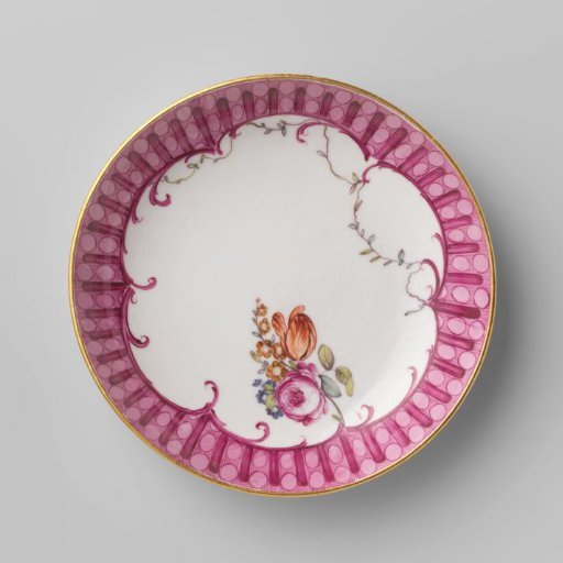 Dish, painted with an ornamental band, from which hang a leaf garland and a bouquet of flowers