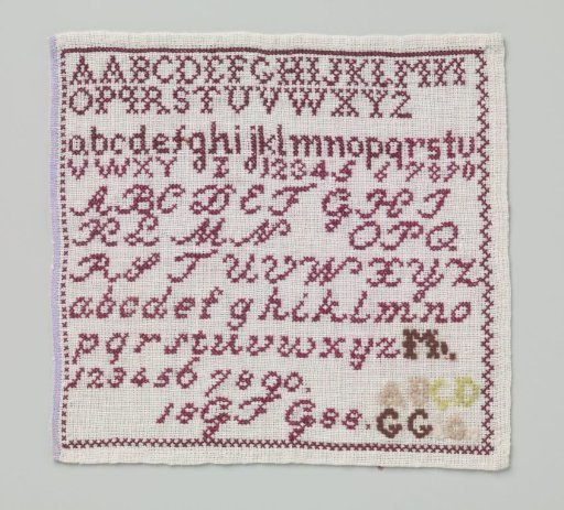 Mending patch of linen with a grid of red letters and numbers, marked in red: '18GFG88' and in brown with a woolen thread: 'GG'