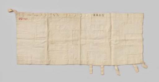 Pin cushion of linen and cotton with six loops, four buttons, two hooks and eyes, and eight buttonholes; marked: GG 1893