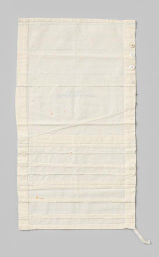 Pin cushion of linen and cotton with seven buttons, four corner loops, one hook and eye, and embroidery with blue thread; marked: 'G. Glas 1 April 1894 1 July'