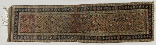 Grid Carpet. Central field with a grid containing cross-shaped geometric ornaments. Blue border with eight-pointed stars and volute rosettes.