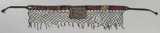 Bag in soumak technique, single with strap and net fringe, red grid with squares drawn on blue ground, squares filled with crochet figures, border with octagons