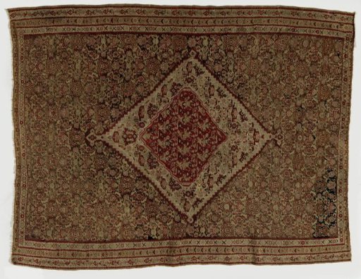 Medallion carpet covered with floral motifs, a Herati pattern, on a blue ground. Concentric red diamond with floral pattern and bird-like ornaments. Triple border.