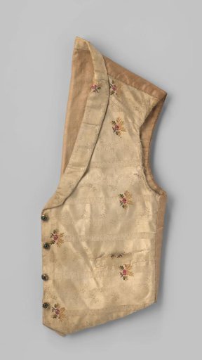 Waistcoat with scarf collar and pockets of cream satin, with stripes, borders, puffs and wavy border with dots and flowers in cream and machine-embroidered multicolored bouquets; four green transparent buttons in copper-colored base