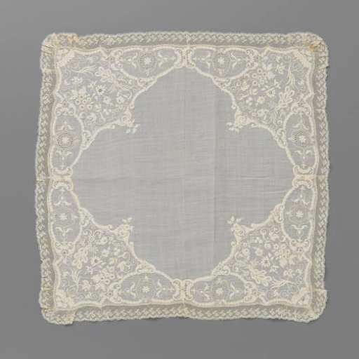 Handkerchief of batiste with embroidery in each corner with various flowers in a shield-shaped cartouche