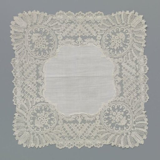 Handkerchief with a needle lace border with rose bouquets in medallions on the corners and violets along the edges