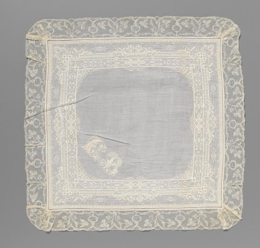 Batiste handkerchief with embroidery and bobbin lace with the initials CB