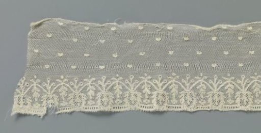 Strip of bobbin lace with heartlet scatter pattern and pinecone motif under loose zigzag line
