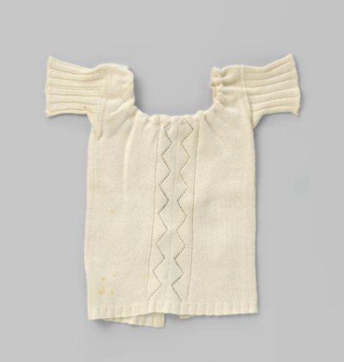 Knitted Shirt of White Cotton with Short Sleeves in Knit Stitch and Further Vertical Decoration of Straight and Zigzagging Openwork Edges; Ribbon Ties