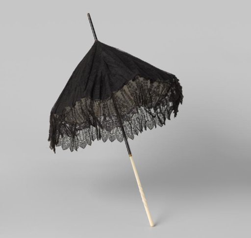Parasol with Cover of Machine-Made Chantilly Lace, Decorated with Flowers and Leaves, on Black Satin and Lined with White Pongee Silk on a Wooden Shaft with Handle of Relief-Carved Ivory