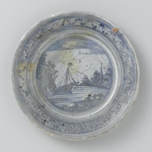 Plate with a Ship and Landscape with a Church Tower Painted in Blue on the Flat