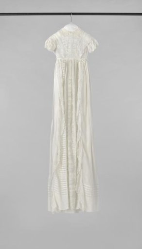 Dress for a baby or christening gown, of white batiste with embroidery, lace, and Persian openwork