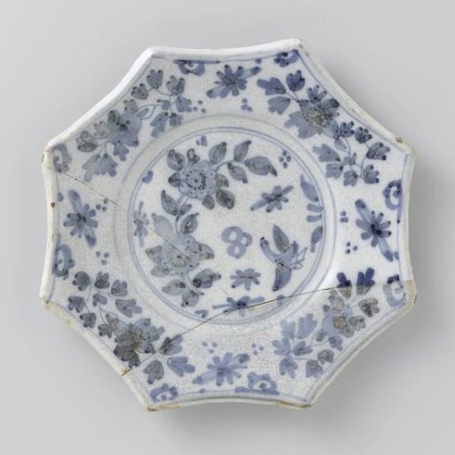 Plate, octagonal, with a floral branch and bird in blue on the flat