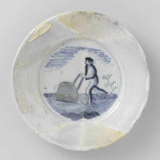 Plate with a blue depiction of a man skating while pushing a sled