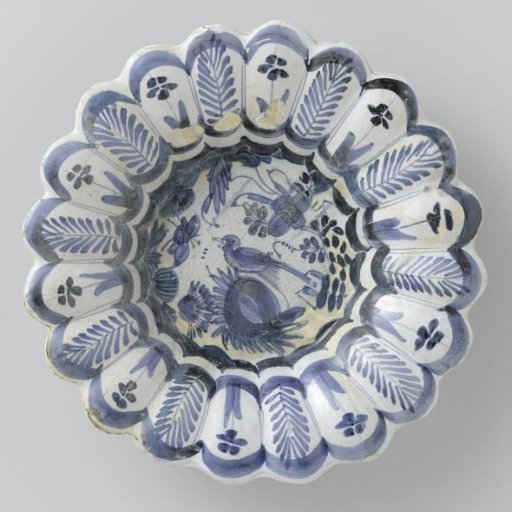 Bowl with a Pleated Rim, Painted in Blue in the Center with a Bird on a Rock