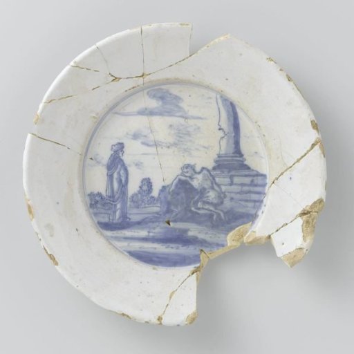 Fragmentary Plate, Painted in Blue with Job on the Dung Heap or the Good Samaritan with a Passing Priest