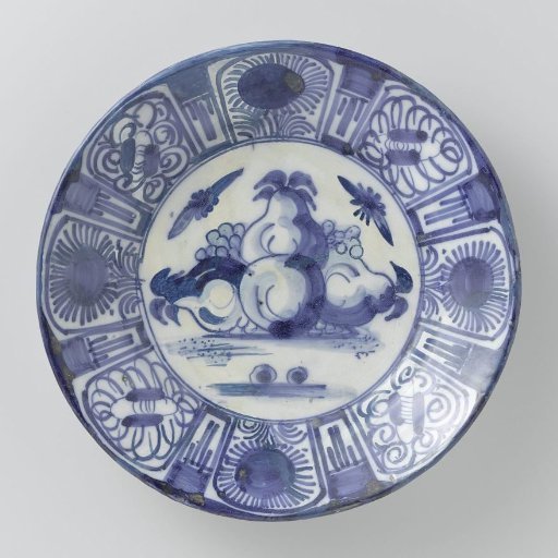 Dish, Painted on the Flat with Four Pears on a Ground. Rim Decoration with Wan Li Design in Panels