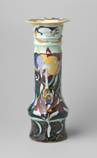 Earthenware Vase, Multicolored Painted with Stylized Plant Motifs