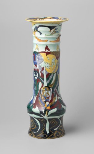 Earthenware Vase, Multicolored Painted with Stylized Plant Motifs