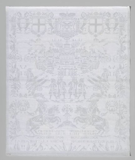 Tablecloth of white linen damask with the conquest of Lille by Eugene of Savoy