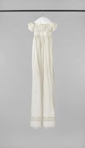 Dress or carrying gown of white linen batiste with embroidery
