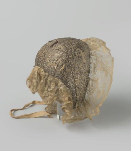 Children's hat of brown silk trimmed with wide silver passementerie