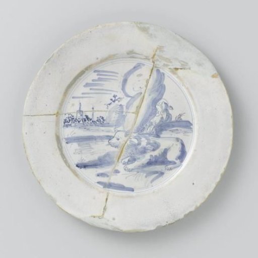 Panel with a figure and lion in a landscape on the flat