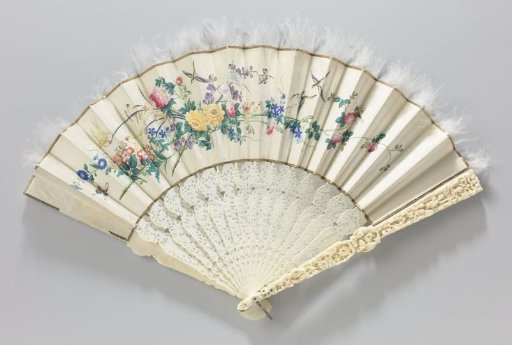Folding fan with a double leaf of cream satin painted with colorful flowering branches, birds and butterflies, on a carved ivory mount, outer legs carved in relief