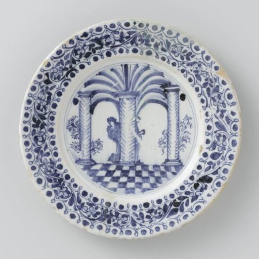 Plate, painted with two Chinese people in a building with columns.
