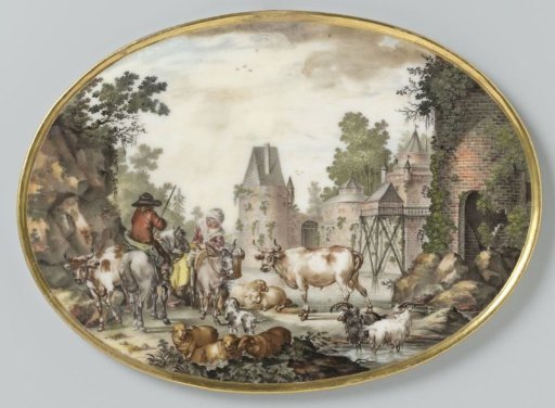 Two oval plates with figures and cattle in a river landscape