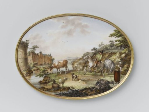 Two oval plates with figures and cattle in a river landscape