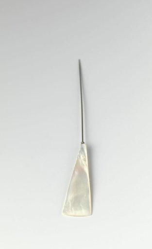 Hat pin with flat elongated triangular knob of mother-of-pearl on a steel pin