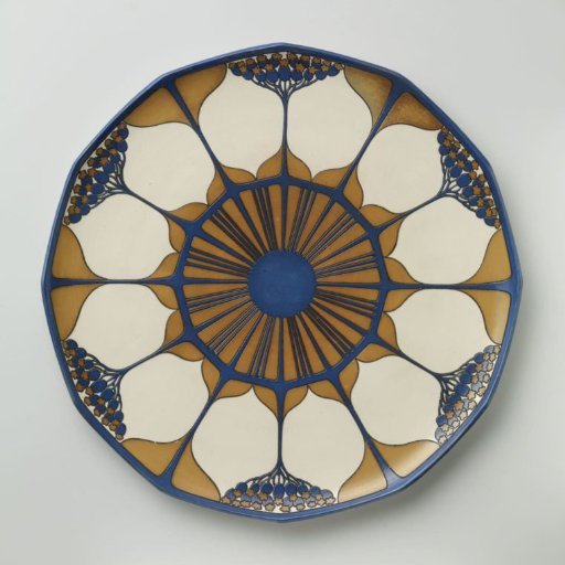 Plate, belonging to a tea service of chromolith stoneware, decorated in blue and yellow-brown