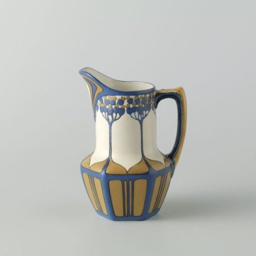 Milk jug, belonging to a tea service of chromolith stoneware, decorated in blue and yellow-brown