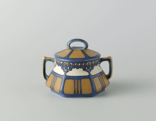 Sugar bowl with lid, belonging to a tea service of chromolith stoneware, decorated in blue and yellow-brown
